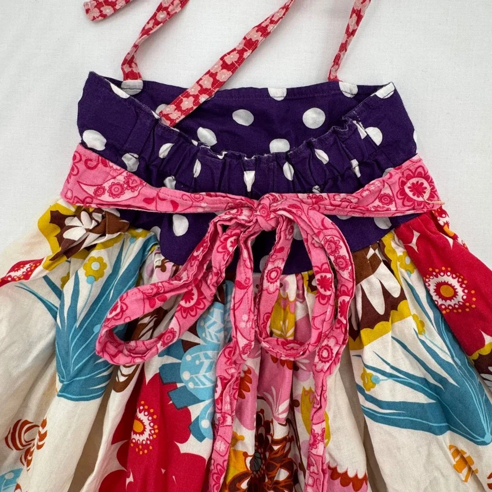 Handmade Vtg 2000s Girls Boho Floral Polka Dot Halter Dress Ruffle Trim 2T/24M